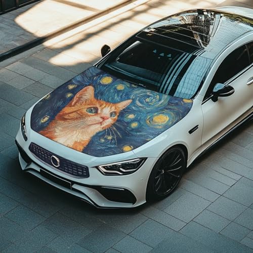 Image of Starry Sky Cat Car Hood Cover Weatherproof Automotive Exterior Accessories Universal Fit Hood Covers for Cars, Trucks, SUV, or Van Full Coverage with Elastic Band