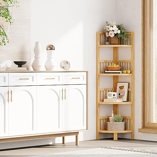 Dripex Eckregal stehend, Badezimmerregal, Bücherregal mit 4 Ablagen, Standregal aus Bambus, 104x30x30cm, Lagerregal für Badezimmer, Wohnzimmer, Schlafzimmer, Küche, Balkon