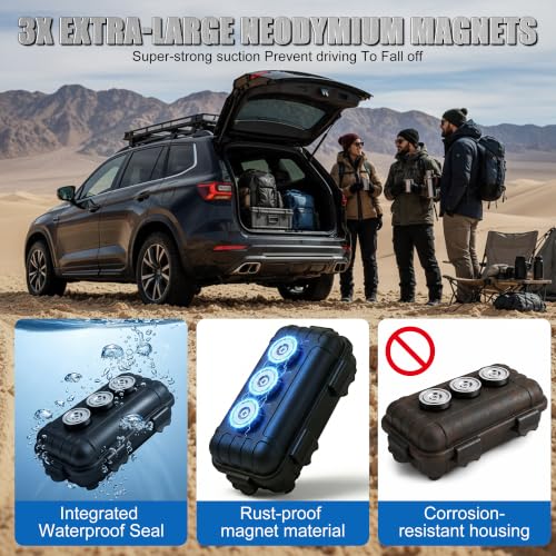 Image of Magnetic Key Box, Hide a Key Magnetic Car Waterproof Key Case for Outside Travel, Hide a Key Box for Cars, SUV, Truck - Black 3 Magnets 2Pack