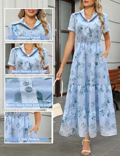 Image of Kranda Women 2026 Summer Collared V Neck Short Sleeve Button Down Chiffon Long Tiered Floral Maxi Dress with Pockets