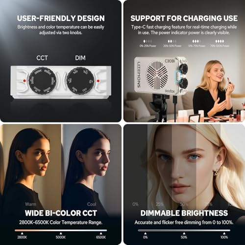 GODOX Litemons C30Bi LED ライトパネル、バイカラー ポータブルオンカメラ LED 定常光 ライト 2800K-6500K 連続光 バッテリー付き、ビデオ撮影 ライブ ストリーミング用 LED 写真 撮影 ライト