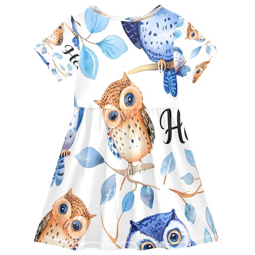 Bolaz Watercolor Funny Owls Girls Dress Short Sleeve Dress Casual Dresses 2-8Y2