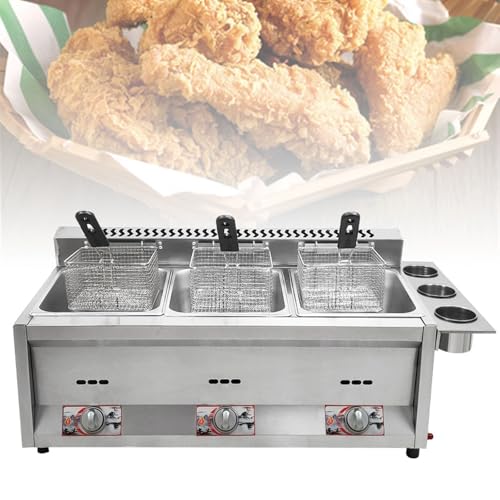 guoyjmm Kommerzielle Gasfritteuse, 3X 8L Edelstahl Gastro Friteuse Zum Braten von Friteuse Gastronomie, unabhängige Temperaturregelung, mit Körben und Deckel