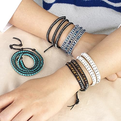 Image of KELITCH Double Wrap Bracelet Women Hand-Braided Turquoise Beads Bracelets Boho Leather Bracelets Bangle