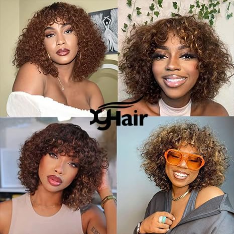 Miniatura 6 de Peluca corta afro rizada con flequillo, pelucas de cabello humano rizado estilo Bob para mujeres negras, densidad 180, hecha a máquina, sin encaje