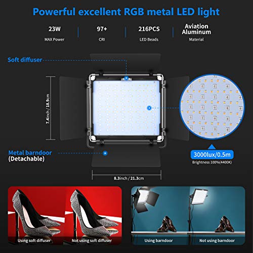 Neewer 2 Packs P200 RGB LED Video Light Battery Kit with APP Control - CRI97+ 360°Full Color RGB Light Preset 9 Scenes with U-Bracket/Barndoor/LED Display/for YouTube, Outdoor Photography