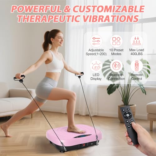 Image of Vibration Plate Exercise Machine for Lymphatic Drainage, 10 Preset Modes & 200-Level Vibrating Platform for Whole Body Fitness, Bluetooth Audio, Home Gym Shake Plate with Resistance Bands