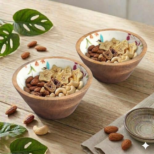 Image of SAAGA Mango Wood Nuts Bowl Set of 2-6 x 3 Inch Decorative Wooden Snack & Dry Fruit Bowls | Soup Serving Katori for Kitchen & Dining - Garcinia Papyrus Finish