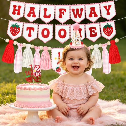 Image of 1 /2 Birthday Girl Decorations, Pink Strawberry Half Way to One Banner Set | Felt banner;wooden cake topper;1 /2 hat;baby girl 6 month party