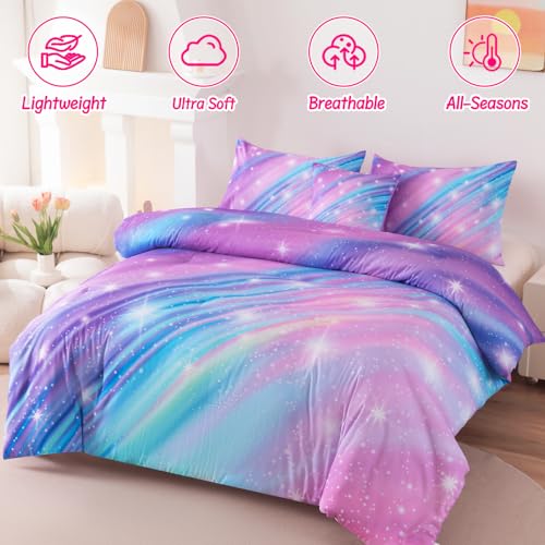 Image of Full Bedding Set for Girls, Glitter Rainbow Comforter Set for Girls, Galaxy Purple Bedding Sets Full Size