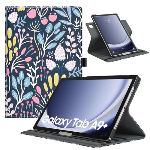 TiMOVO Funda para Samsung Galaxy Tab A9+/A9 Plus 11 Pulgadas 2023 SM-X210/X216/X218, Cubierta de Soporte Giratorio de 90 Grados, Auto Activación/Reposo, Flor de Colores