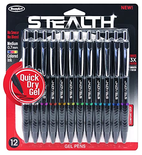 RoseArt Stealth Retractable 12 Count Medium 0.7MM Gel Pen with Comfort Grip, 10 Colors and 2 Black Ink Gel Pens, Ink Color Matches Rings, No Smear, No Bleed