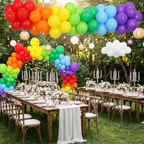 Image of RUBFAC 135pcs Rainbow Balloons, Latex Colorful Balloon Different Sizes 18 12 10 5 Inch for Garland Arch Birthday Party Decorations