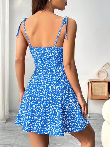 Image of Aahwan Women Fit and Flare Blue Summer Vacation Style Floral Print Spaghetti Strap with Shoulder Ties Mini Dress