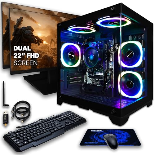 Image of SAAV Atlas Prebuilt Gaming PC Bundle Desktop Tower AMD Ryzen 5 8500G Radeon 740M Graphics Dual 22in Monitors 16GB DDR5 256GB NVMe SSD WiFi 6 Windows 11 Black RGB Computer PC Gaming