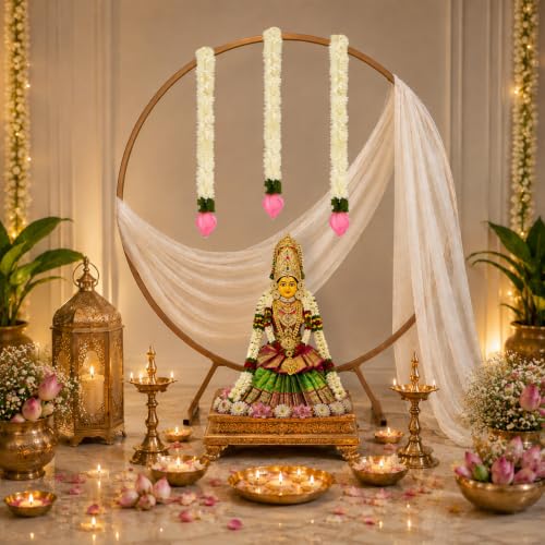 Image of Party Propz Golden Metal Ring Stand for Ganpati Decoration Setup for Home - 5pcs Ganpati Decoration Stand with White Net Curtain and Lotus Bud, Varalakshmi Pooja Decorative Items, Janmashtami Decor