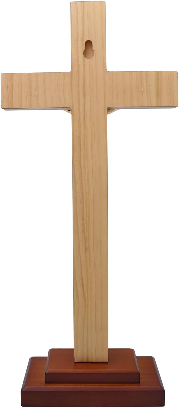 Handmade Wood Detachable Standing Tabletop or Wall Hanging Catholic Crucifix Cross For Home Decor 13 Inch (Antique Tin Jesus)