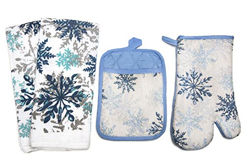 Winter Snowflake Blue Tapestry Kitchen Linen Set Towels Oven Mitt and Pot Holder 4 Piece Set