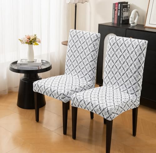 Image of HOMETHREADS Stretchable Elastic Jacquard Chair Seat Cover and Waterproof Dining Table Cover | Removable,Washable & Durable Chair Protector |for Dining Room (F Grey, 6Chairs+1Table Cover (150X220))