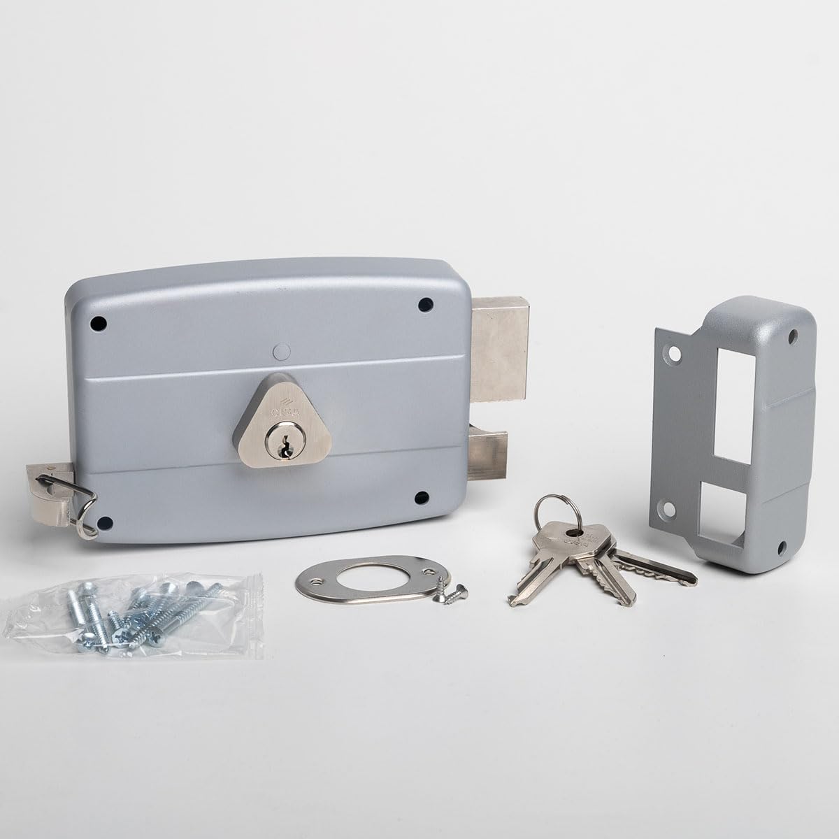 CISA - Serratura per Porte in Ferro da Applicare 15042160195 - Serratura in Acciaio Verniciato Grigio con Cilindro e Tirante nichelati - Serratura Cancello Esterno Entrata 60 - Mano Destra Applicare