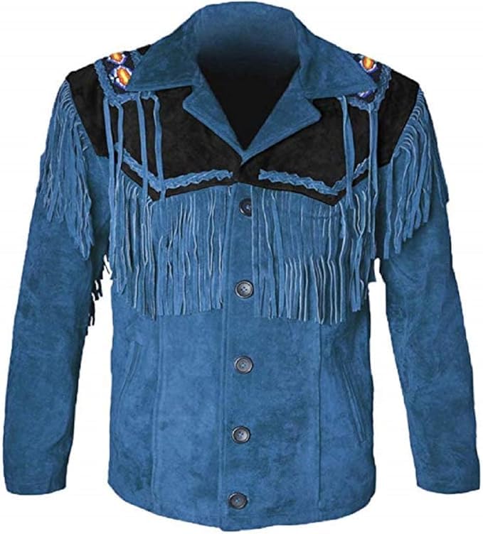 Mens Traditional Cowboy Western Suede Leather Jacket Handmade Buckskin Bead Fringe Jacket Native American Coat