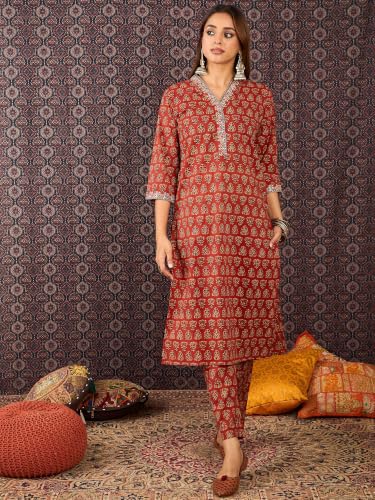 Image of INDO ERA Women's Cotton Ethnic Co-Ord Set | Kurta Pant Set | Stylish Cotton Suit Set for Women | Co Ord Set For Women Stylish |