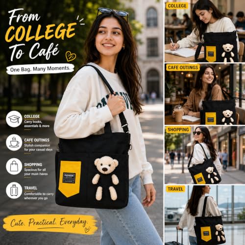 Image of BROGBUS Canvas Tote Bag for Women with Teddy Bear Charm Adjustable Sling Strap, Zipper Closure, College Travel Shopping Bag
