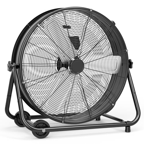 GarveeHome 24 in Industrial Drum Fan, 5700 CFM High Velocity Floor Fan, 3 Speed Heavy Duty Metal Air Circulator Fan, 360° Tilt with Casters Handle, I