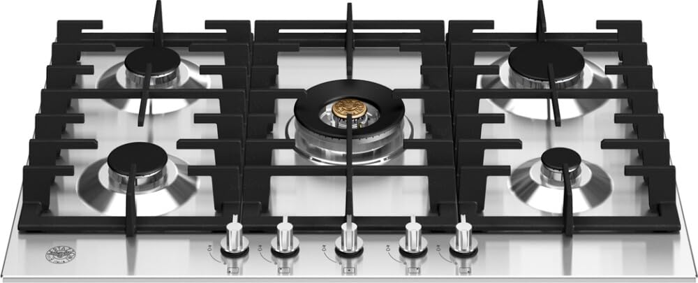F.​LLI BERTAZZONI, MODERN, P755CMODX, Piano Cottura Gas 5 Fuochi, Griglie Ghisa, Manopole Metallo Ergonomiche, Bordo Inferiore Semifilo, INOX, MISURE in cm 75x52 (Foro 56x48)