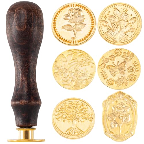 Mxxipp 7pcs Wax Seal Stamp Kit, Vintage Brass Wax Stamp Heads with Wooden Handle for Wedding Invitations Cards Envelopes(Tree of Life+Tulip+Vintage Rose+Love Rose+Butterfly+Leaves)