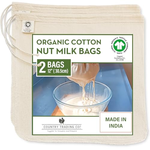 Quality Nut Milk Bags for Straining Almond Milk - 2 Pack Unbleached Organic Cotton - 12' x 12' Reusable Juice Oat Milk Cold Brew Filter Bag