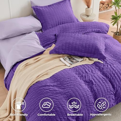 Image of HYMOKEGE Dark Purple /Lavender Twin XL Comforter Set Seersucker 5 Pieces, All Season Luxury Bed in a Bag for Bedroom, Bedding Set with Comforter, Sheets, Pillowcase & Sham