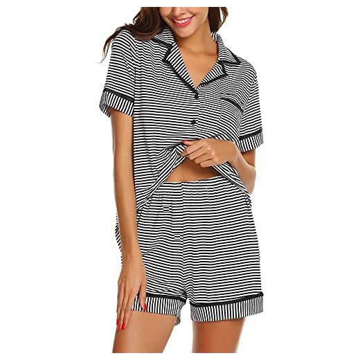 Ekouaer Pyjamas damer kortärmad randig pyjamas set sovkläder tvådelad med knappar S-XXL