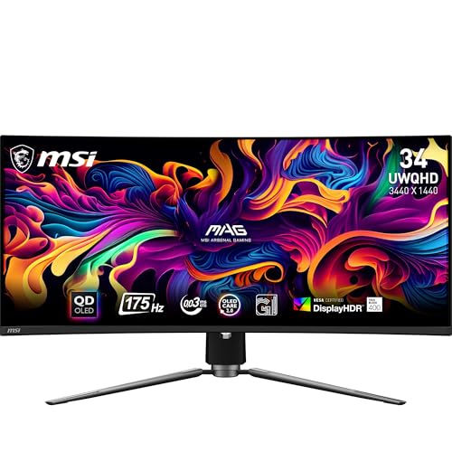MSI MAG 341CQP QD-OLED Monitor Gaming Curvo UWQHD 34', Quantum Dot OLED (3440x1440), 175Hz / 0.03ms, 99% DCI-P3, ΔE≤2, DisplayHDR True Black 400, KVM, DP 1.4a, HDMI 2.1, USB Type-C