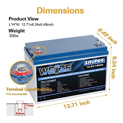 Weize 12V 100Ah Lifepo4 Lithium Battery, Up To 8000 Cycles, Built-In Smart Bms, Perfect For Rv, Solar, Marine, Overland/Van, And Off Grid Applications #TOP1