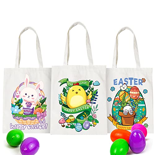 Easter Tote Bags for Kids, 3 PCS Large Cotton Bunny Egg Easter Canvas Bags with Handle, Reusable Grocery Shopping Bags Gift Goodie Bags for Easter Eggs Hunt, Easter Basket, Easter Party Favor Supplies