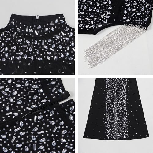 Image of Jigfar Women Sexy Elegant Rhinestone Mesh See Through Party Club Night Split Bodycon Formal Maxi Dress