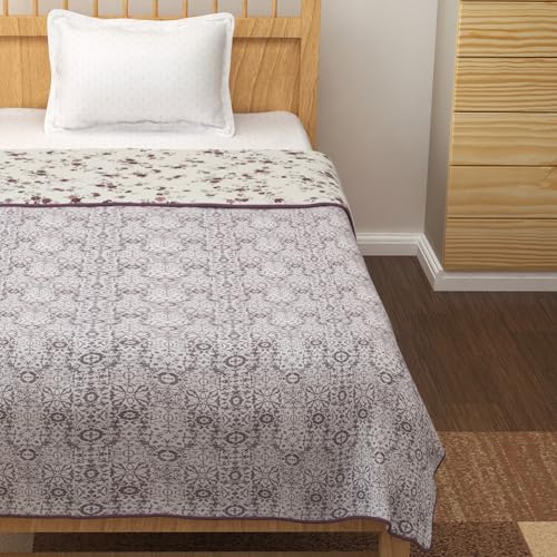 Image of Story@Home Dohar Single Bed Cotton 100% | 150GSM 144 X 220 cm Quilt AC Blanket for Summer | AC Comforter Single Bed | White & Burgundy, Floral Reversible Design Duvet | All-Season Blanket