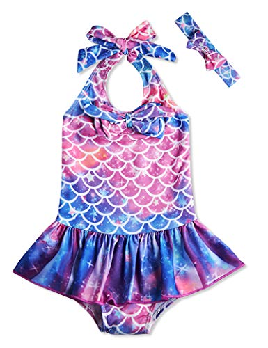 RAISEVERN Baby Girls Swimsuit One-Piece Bathing Suit Bowknot Ruffle Swimwear Breathable Bikini Mermaid Beach Party Holiday with Headband 3-4T