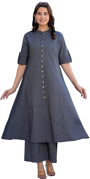 avayayat Women's Cotton Kantha Stripe A-Line Kurta Set & Pant Set Blue (in, Alpha, S, Blue)-picture-27