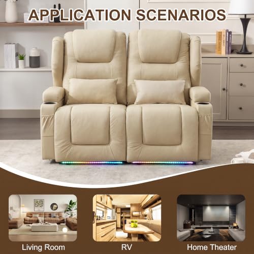 Image of DRMBOOK RV Power Loveseat Recliner Sofa, Leathaire Fabric Wall Hugger Reclining Sofa, Home Theater Seating Chair with Cup Holder, 2 Person Couch for Living Room, Beige