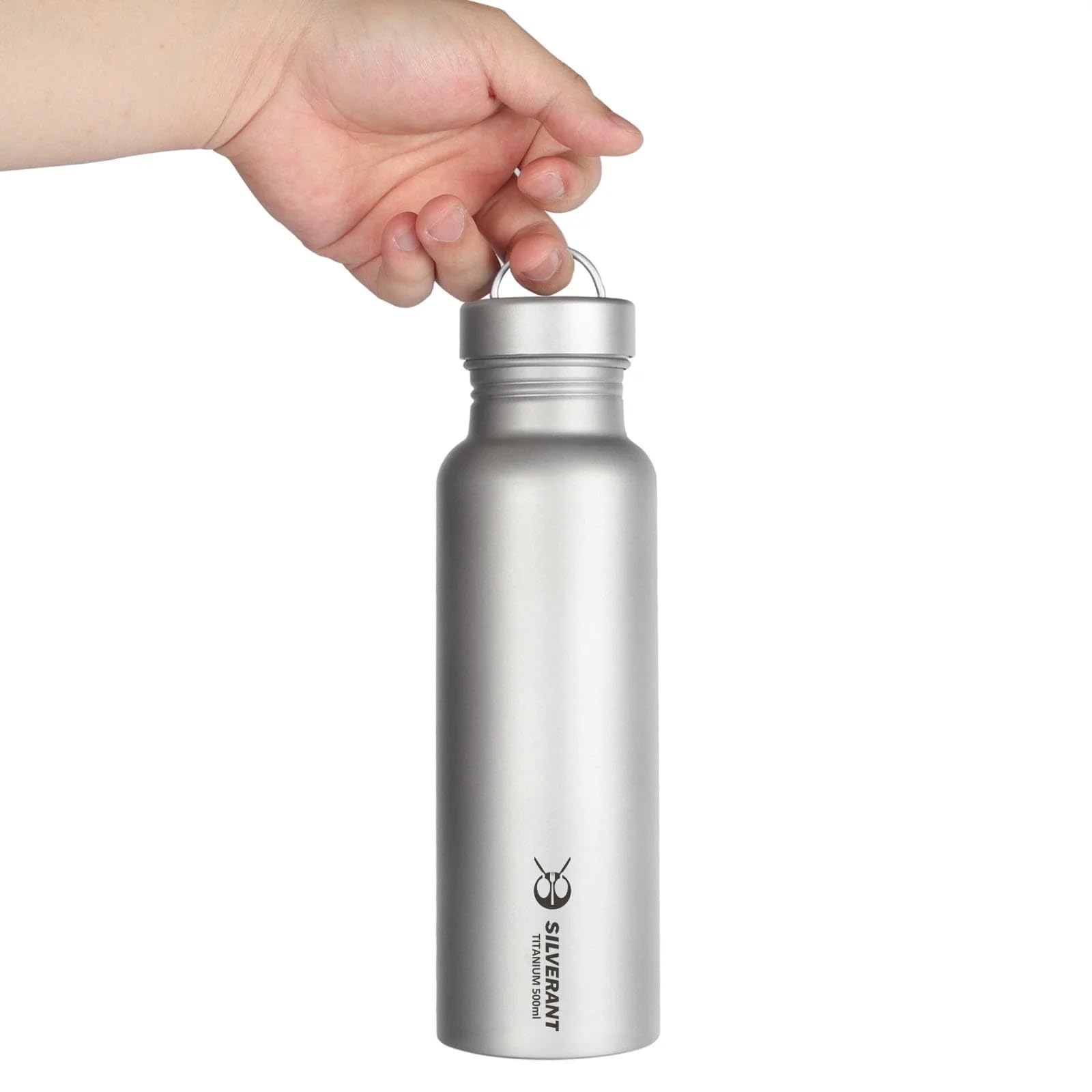 SILVERANT Botella de agua de titanio, ultraligera para camping, botella de hidratación para senderismo al aire libre (500 ml, redonda)