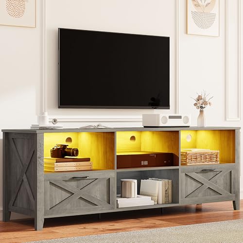 DWVO 70 Inch Farmhouse TV Stand with LED Lighting, Fits TVs up to 80 Inches, Media Console with Storage and Customizable Divider, Entertainment Center for Living Room (Grey)