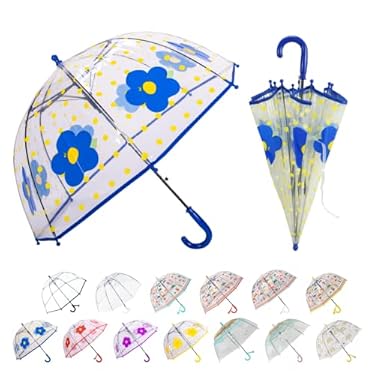 AMAZON - LLanxiry Umbrella Kids Clear Bubble Auto Open Umbrellas for Rain Children’s Safe Transparent Dome Waterproof Stick Lightweight Umbrella for Boys Girls (Flower-Blue)