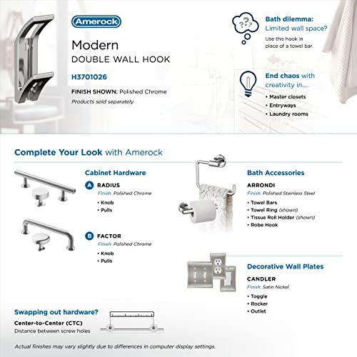 Image of Amerock Avid Double Prong Polished Chrome Wall-Mounted Hook