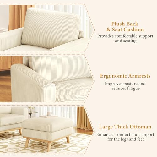 Image of Vesgantti 38.5 inch Accent Chair with Movable Ottoman, Comfy Corduroy Armchair with Spring Cushion, Reading Chair with Ottoman, Modern Single Sofa for Living Room, Bedroom and Apartment, Beige
