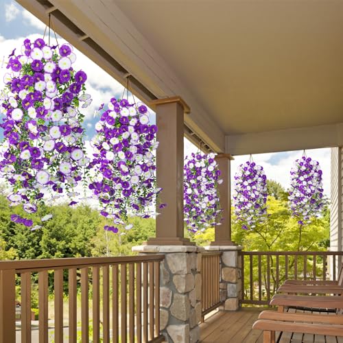 Image of Bassion 2 Packs Artificial Hanging Flowers for Outdoors, Mixed Purple