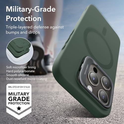 Image of ESR for iPhone 14 Pro Max Case, MagSafe Silicone Case with Stand, Military-Grade Protection, Built-in Camera Stash Stand, Magnetic Phone Case for iPhone 14 Pro max, Cloud Series,Green