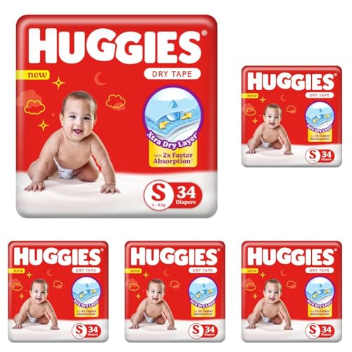 Image of Huggies Dry Tape | Adjustable Tape Style Baby Diapers, Small (S) Size (4-8 Kgs), Pack of 170 | Up To 2X Faster Absorption, Up To 12 Hours Overnight Absorption