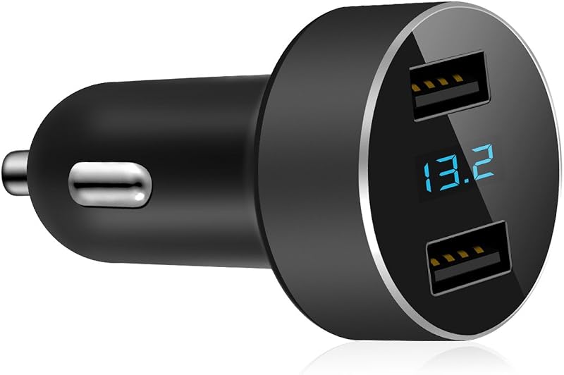 Carregador veicular LIHAN com 2 portas USB e voltímetro 12–24 V, preto